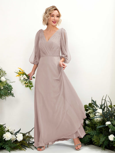 Carlyna Antonia A-Line Taupe Bridesmaid Dress Maxi Three Quarter Sleeve V-Neck Dress Front View #color_taupe