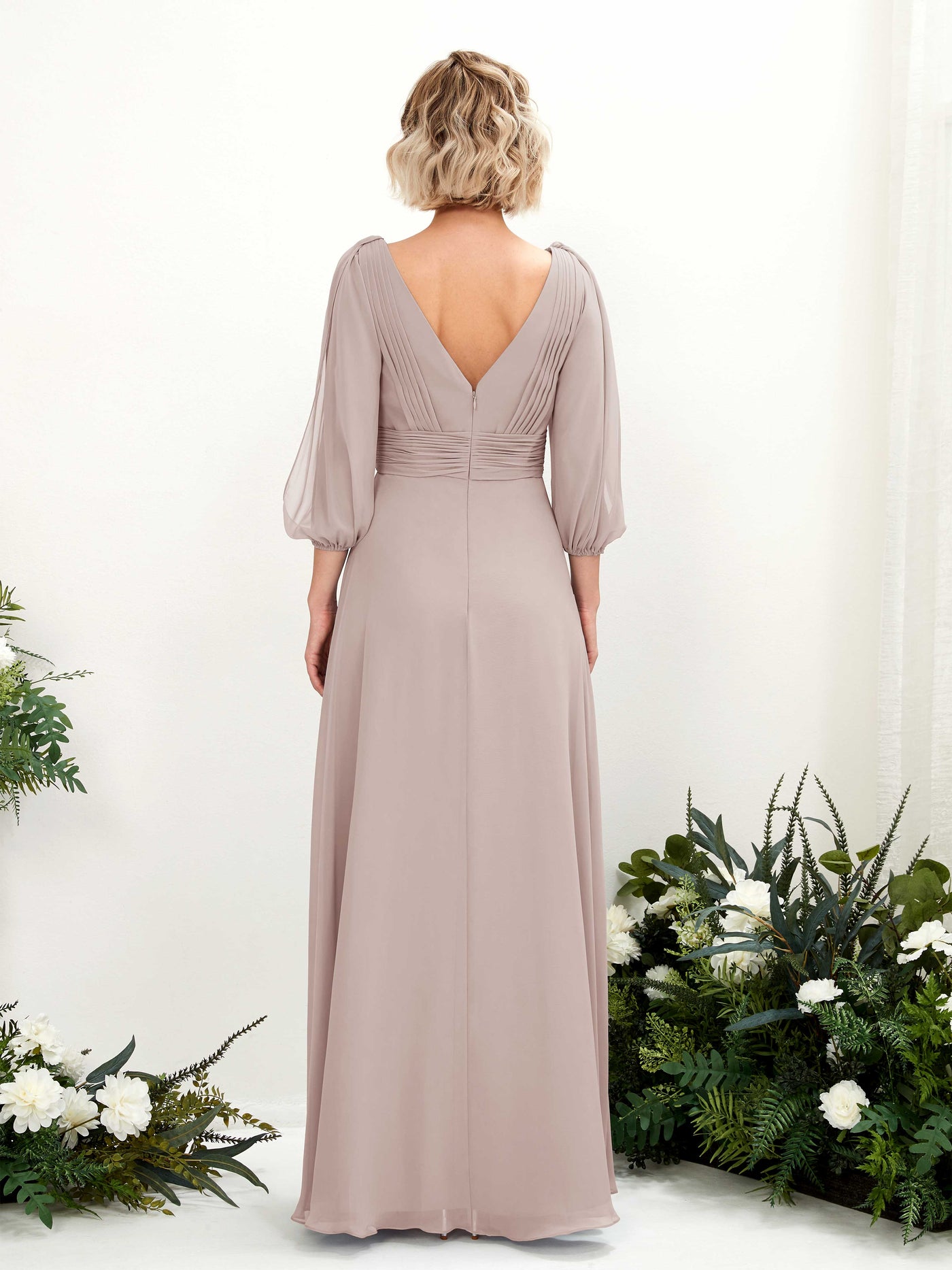 V-neck 3/4 Sleeves Chiffon Bridesmaid Dress - Taupe (81223524)#color_taupe
