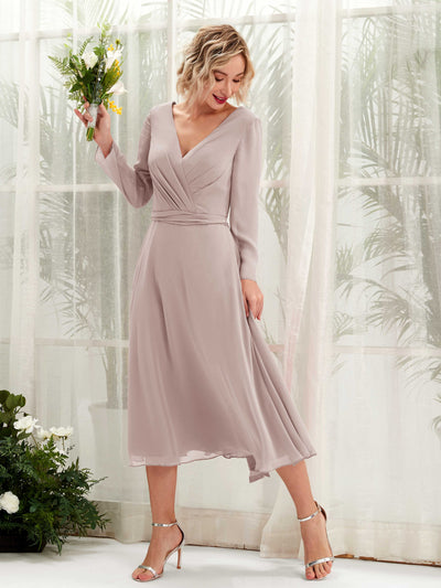 Carlyna Joanna A-Line Taupe Bridesmaid Dress Midi Long Sleeve V-Neck  #color_taupe