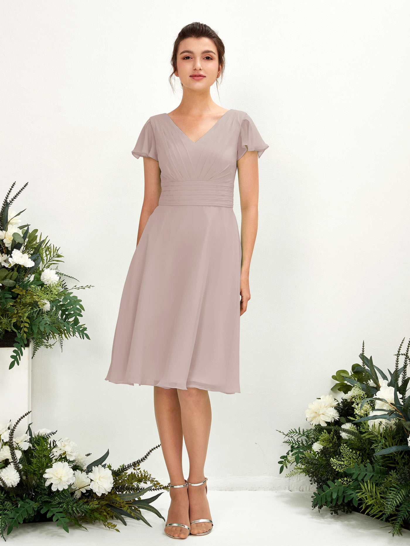 V-neck Short Sleeves Chiffon Bridesmaid Dress - Taupe (81220224)#color_taupe