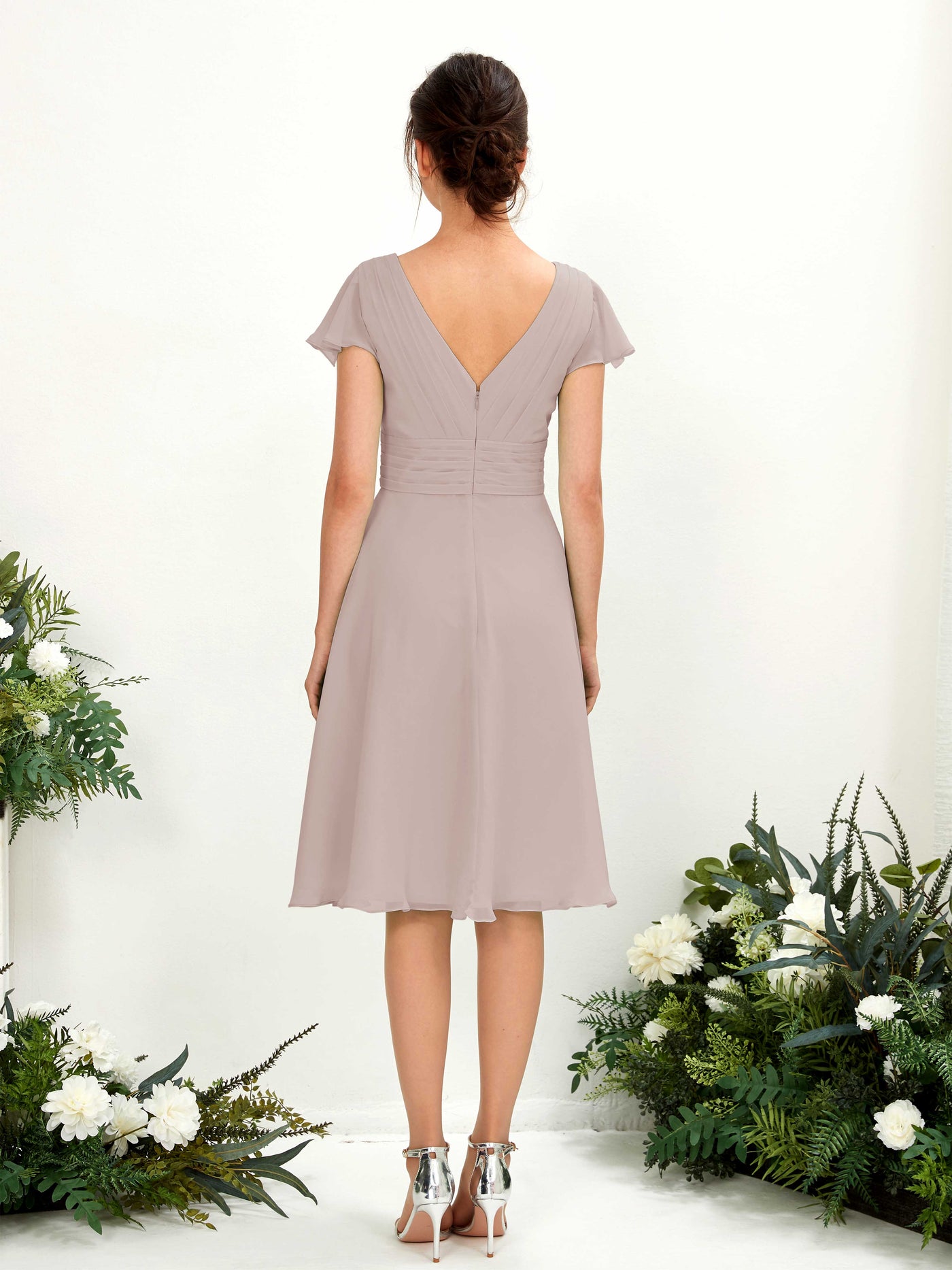 V-neck Short Sleeves Chiffon Bridesmaid Dress - Taupe (81220224)#color_taupe
