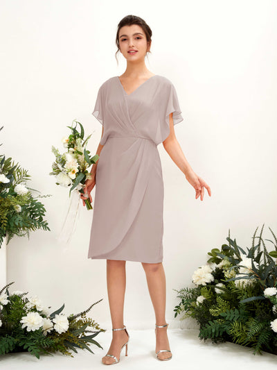 Carlyna Vanessa Sheath Taupe Bridesmaid Dress Knee-Length Cap Sleeve V-Neck Dress #color_taupe