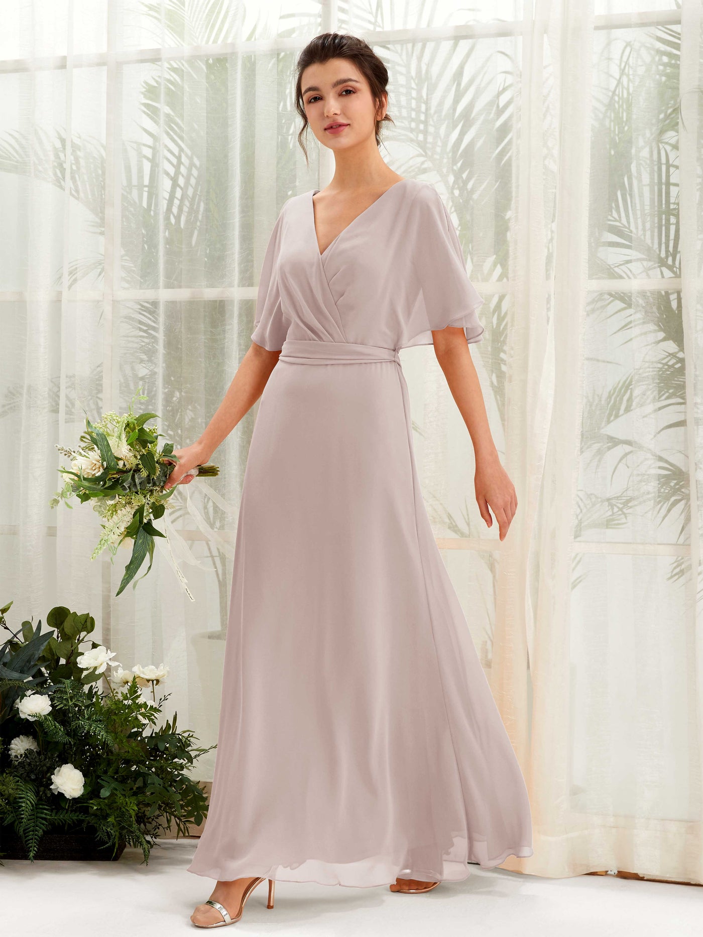 V-neck Short Sleeves Chiffon Bridesmaid Dress - Taupe (81222424)#color_taupe