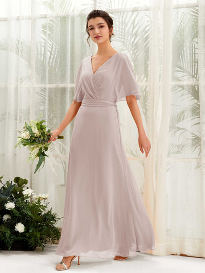 Carlyna Merta A-Line Taupe Bridesmaid Dress Maxi Short Sleeve V-Neck Dress #color_taupe