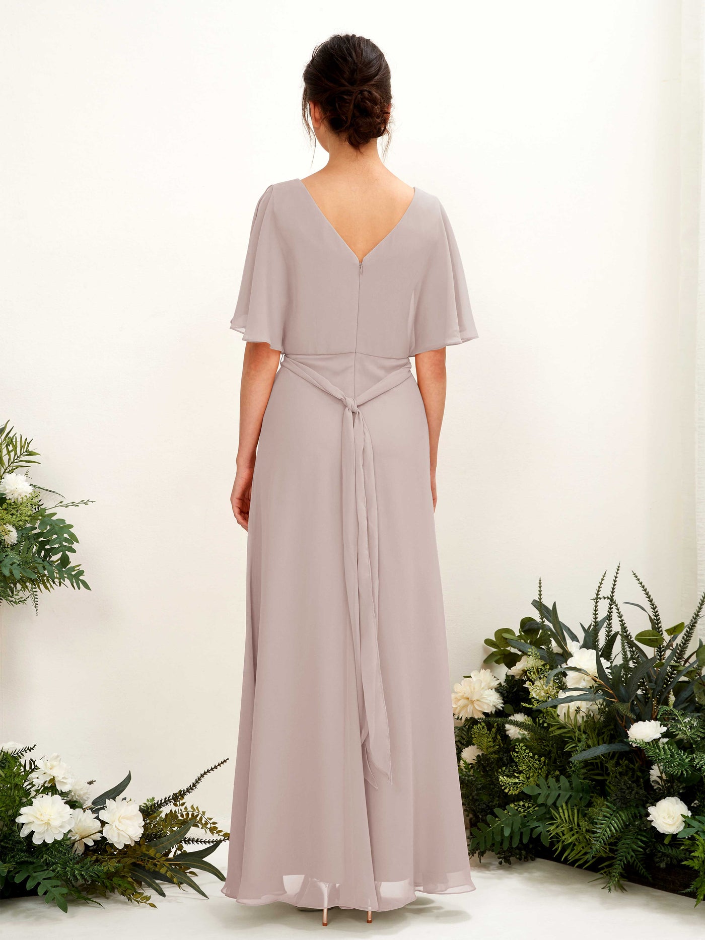 V-neck Short Sleeves Chiffon Bridesmaid Dress - Taupe (81222424)#color_taupe
