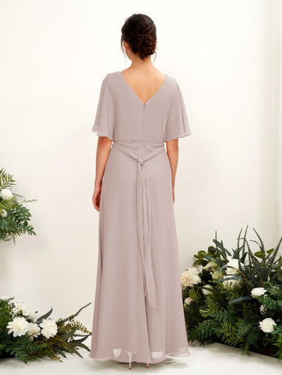 Carlyna Merta A-Line Taupe Bridesmaid Dress Maxi Short Sleeve V-Neck Dress #color_taupe