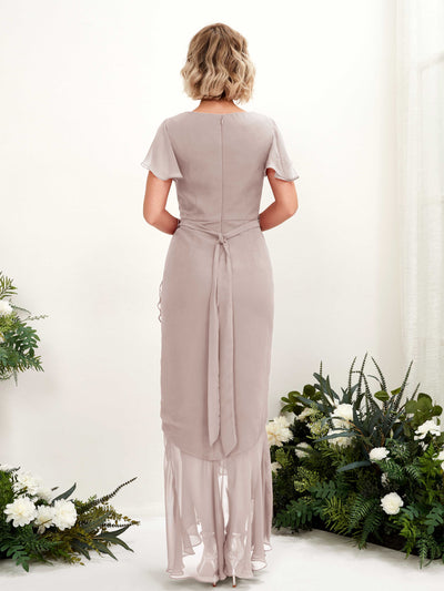 Carlyna Eartha Mermaid Taupe Bridesmaid Dress Maxi Cap Sleeve V-Neck Dress Back View #color_taupe