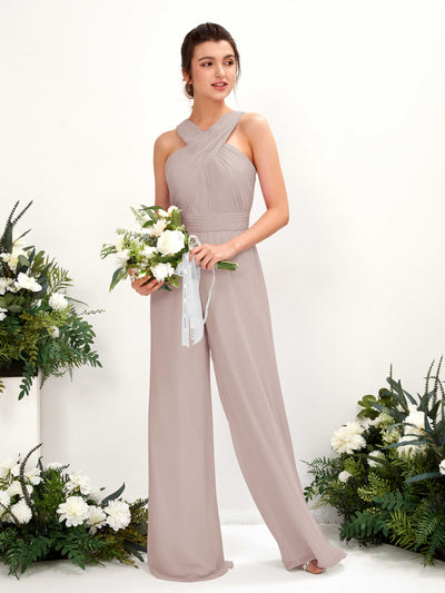 Carlyna Hilona Jumpsuit Taupe Bridesmaid Dress Maxi Sleeveless V-Neck Dress Front View #color_taupe
