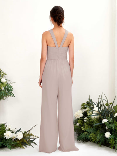 Carlyna Hilona Jumpsuit Taupe Bridesmaid Dress Maxi Sleeveless V-Neck Dress Back View #color_taupe