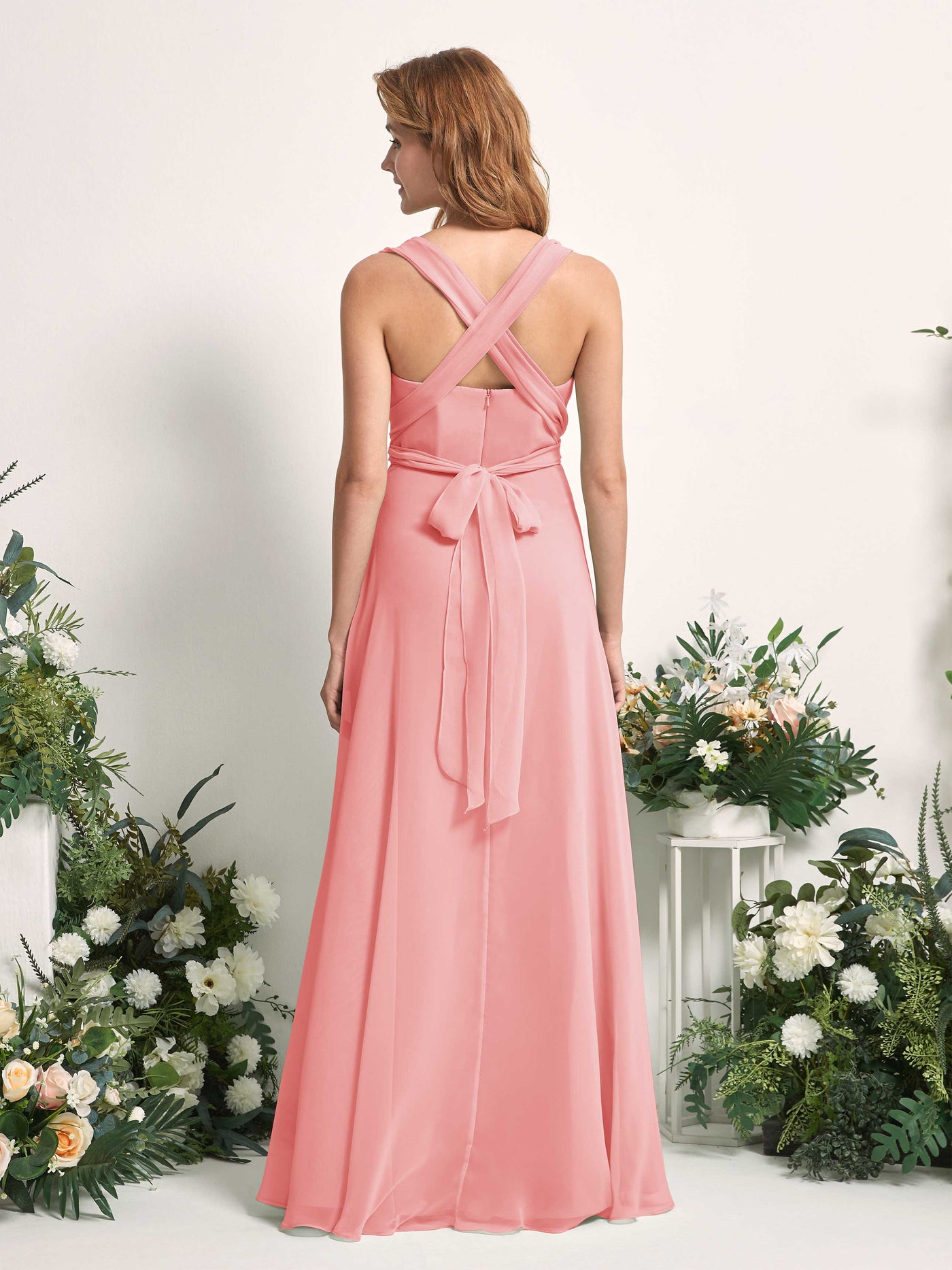 Bridesmaid Dress A-line Chiffon Halter Full Length Short Sleeves Wedding Party Dress - Ballet Pink (81226340)#color_ballet-pink