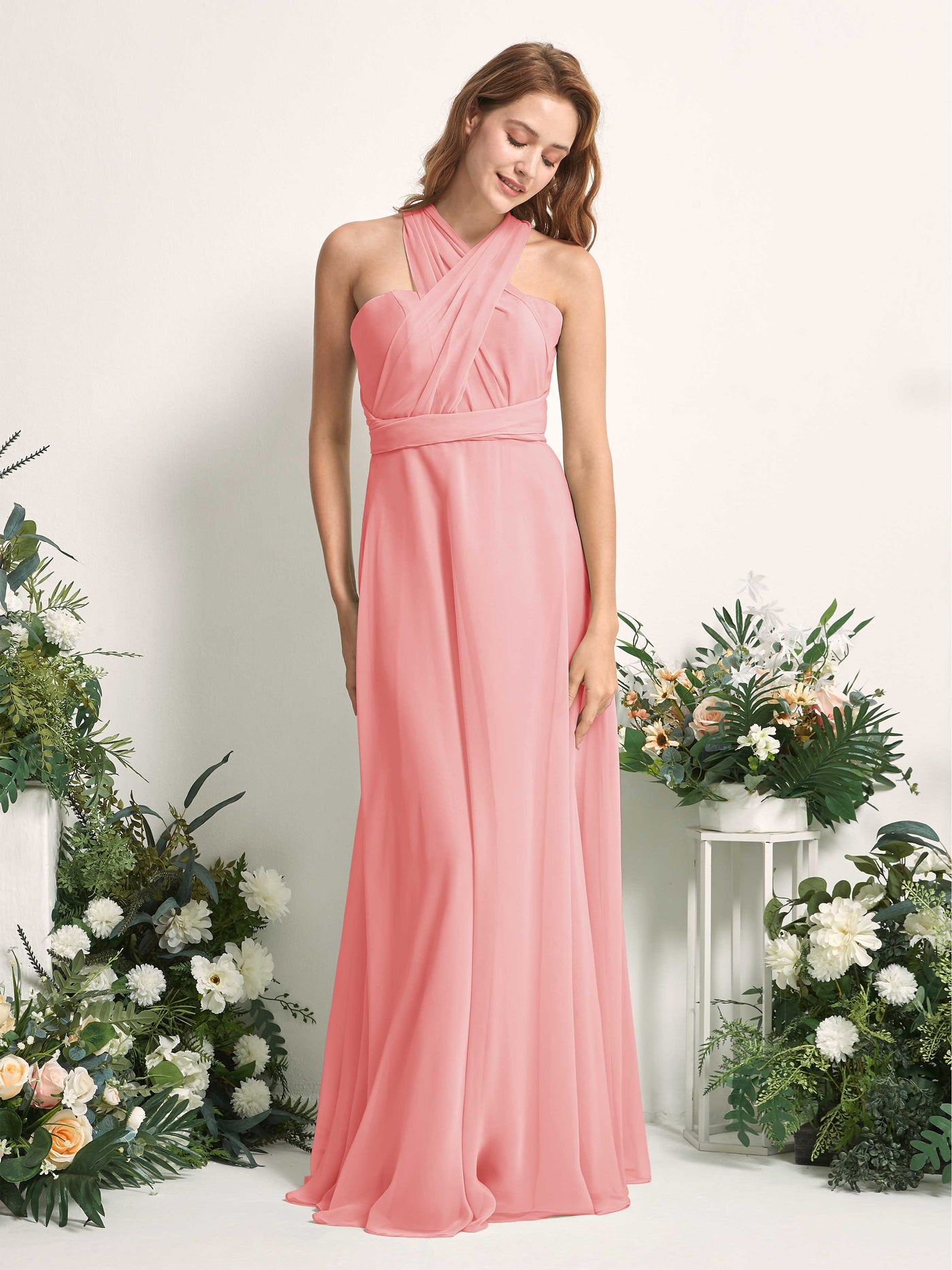 Bridesmaid Dress A-line Chiffon Halter Full Length Short Sleeves Wedding Party Dress - Ballet Pink (81226340)#color_ballet-pink