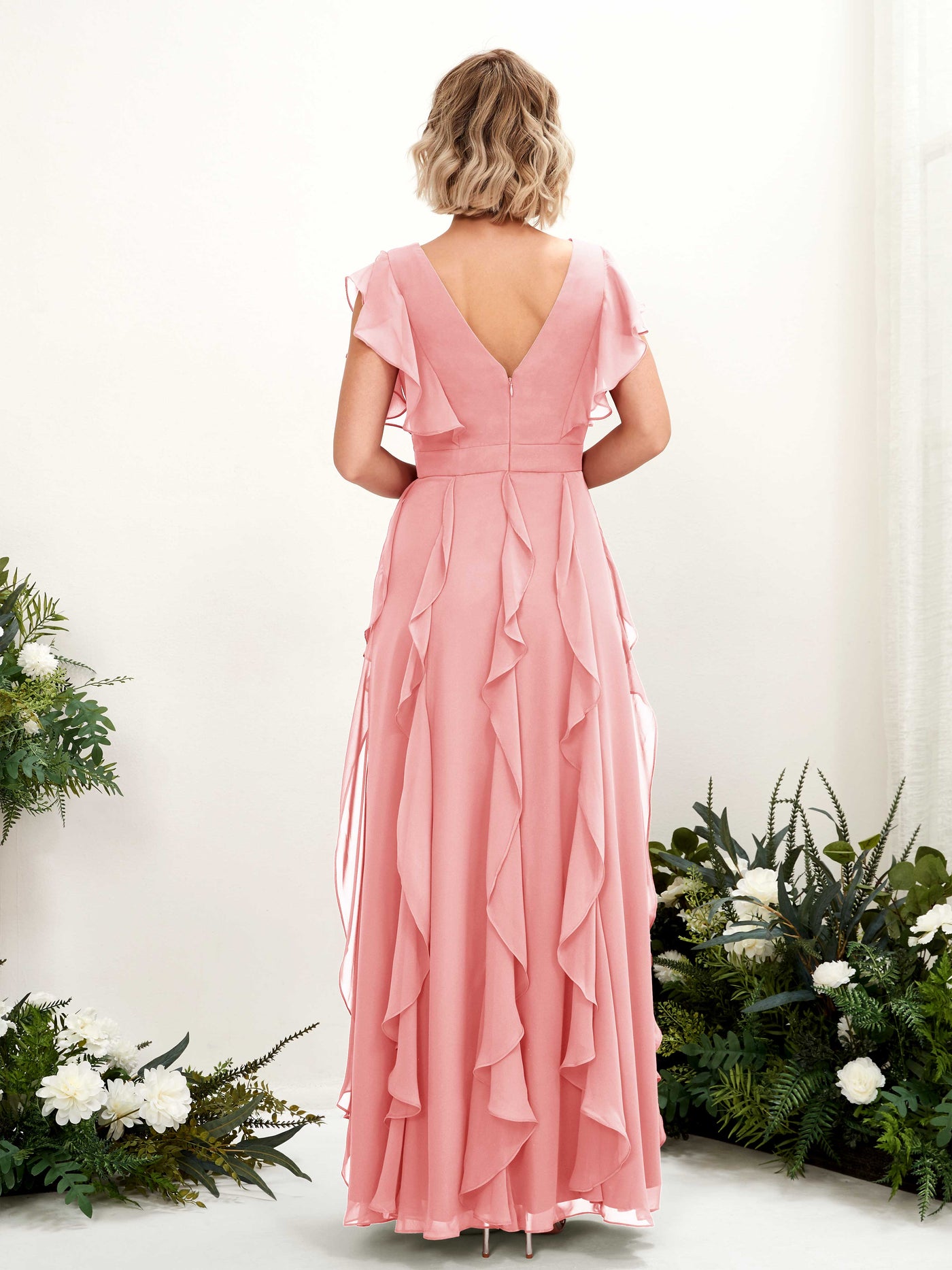 A-line V-neck Short Sleeves Chiffon Bridesmaid Dress - Ballet Pink (81226040)#color_ballet-pink