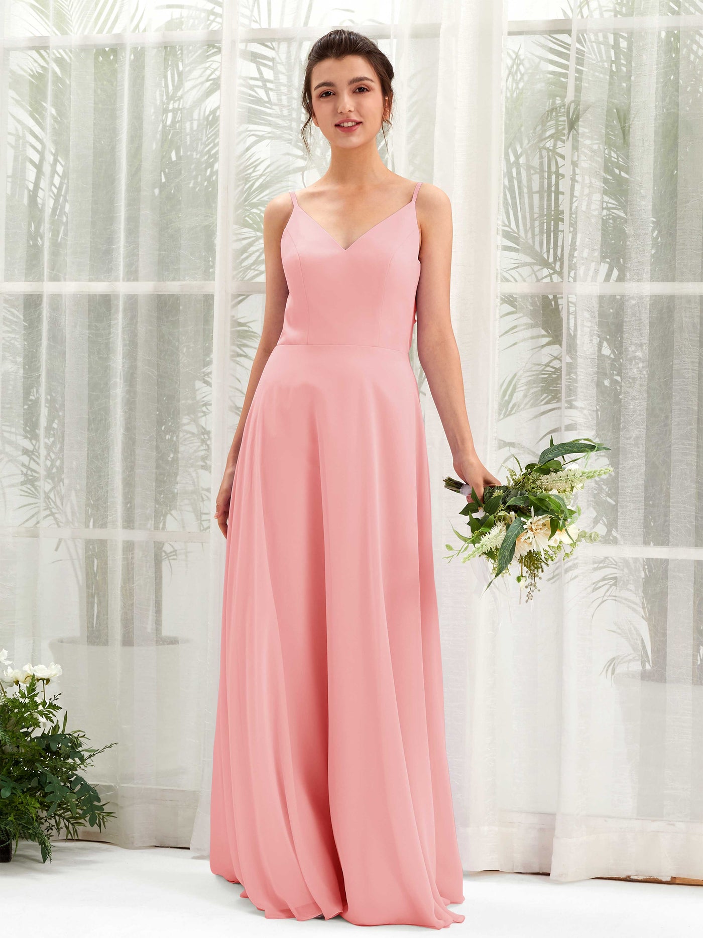 A-line Spaghetti-straps V-neck Sleeveless Chiffon Bridesmaid Dress - Ballet Pink (81220640)#color_ballet-pink