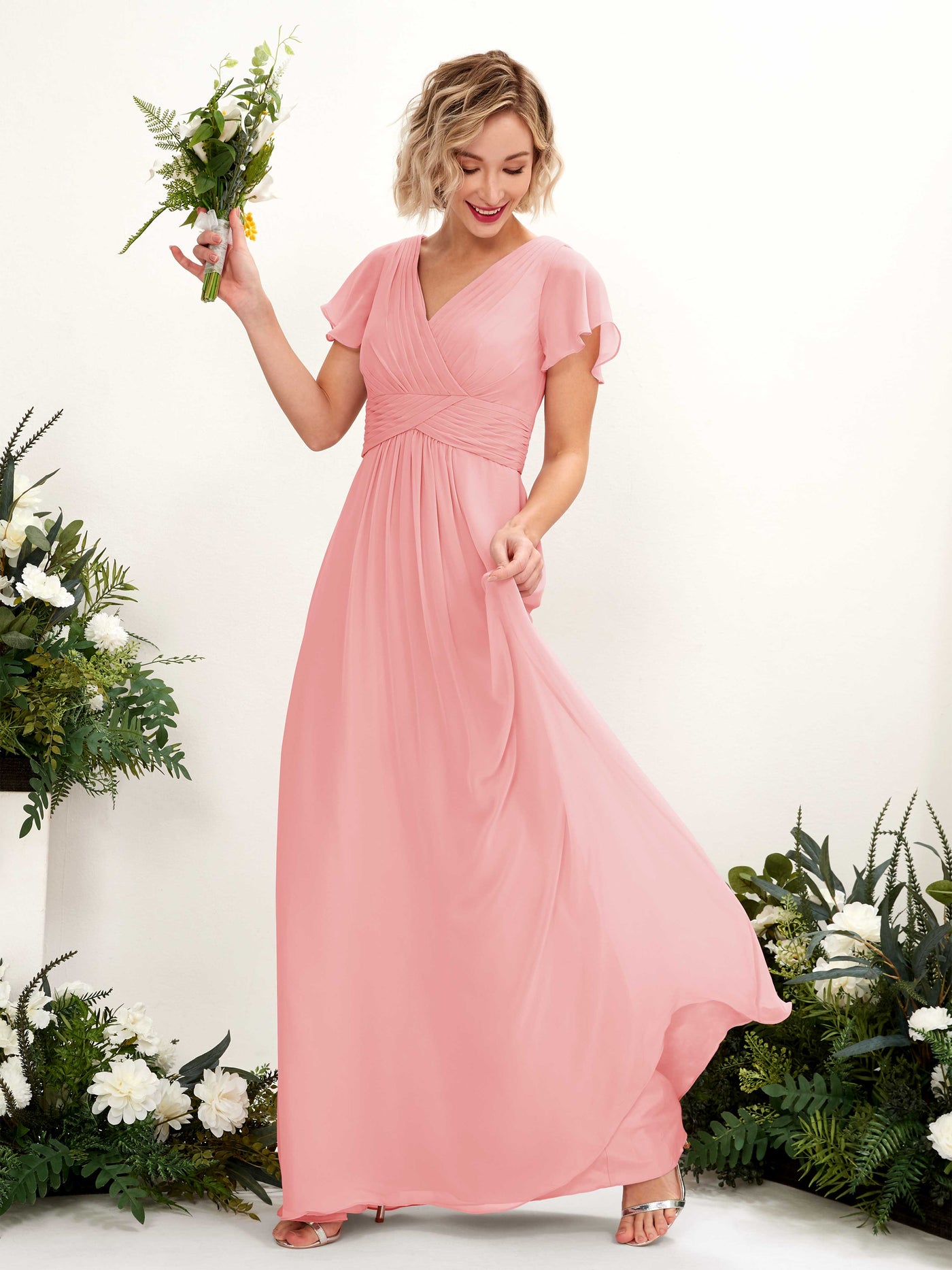 A-line V-neck Cap Sleeves Chiffon Bridesmaid Dress - Ballet Pink (81224340)#color_ballet-pink