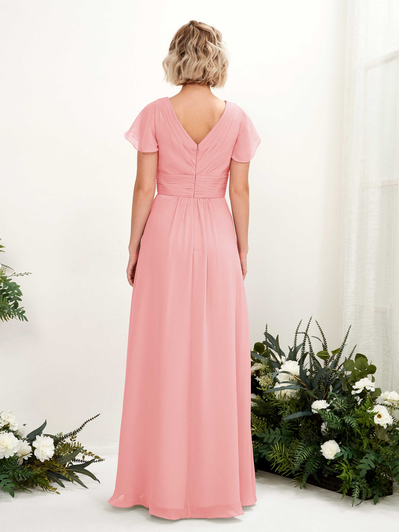 A-line V-neck Cap Sleeves Chiffon Bridesmaid Dress - Ballet Pink (81224340)#color_ballet-pink