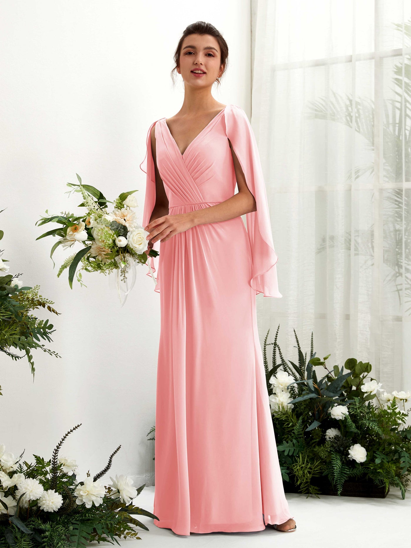 A-line V-neck Chiffon Bridesmaid Dress - Ballet Pink (80220140)#color_ballet-pink