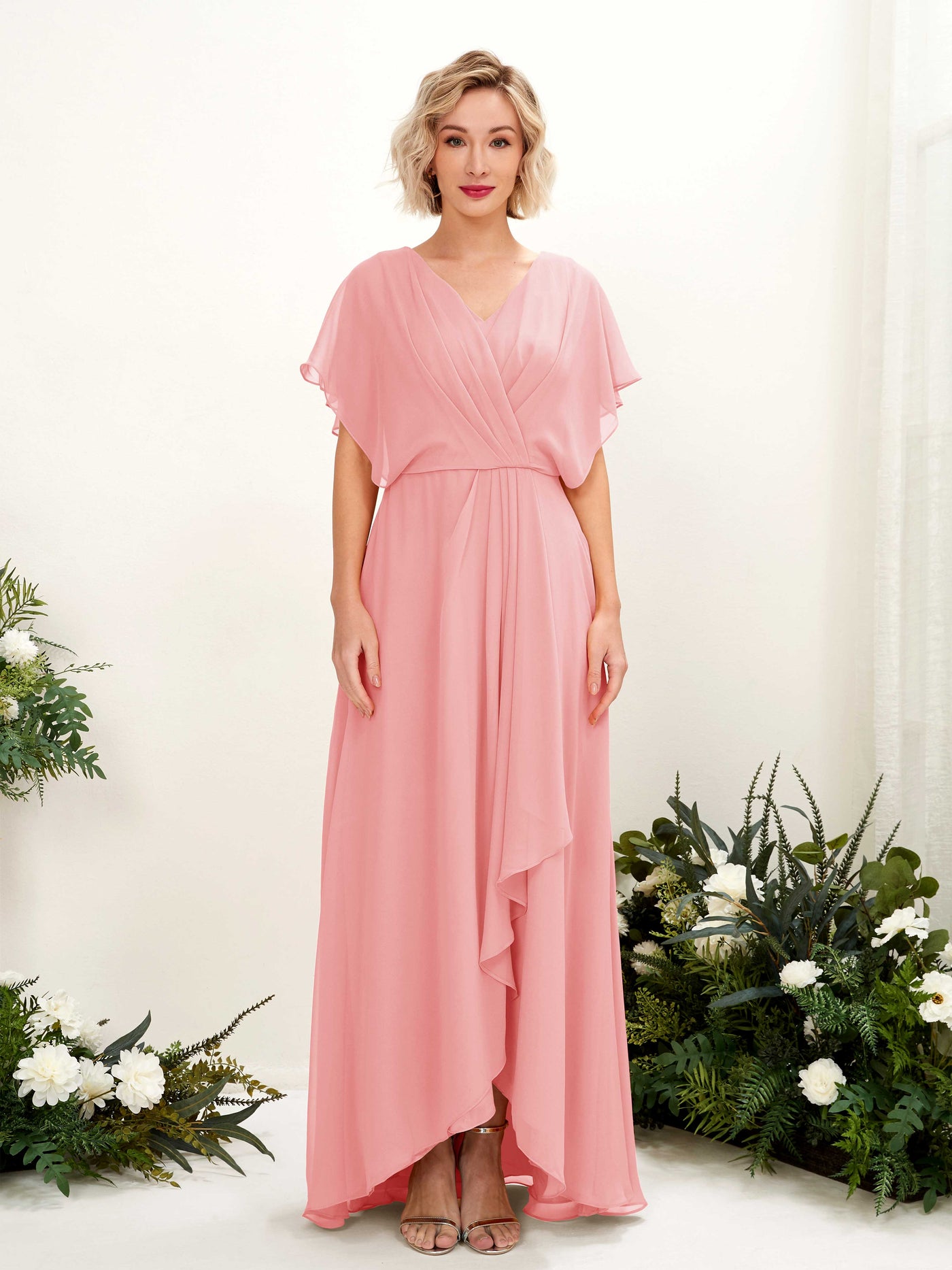 A-line V-neck Short Sleeves Chiffon Bridesmaid Dress - Ballet Pink (81222140)#color_ballet-pink
