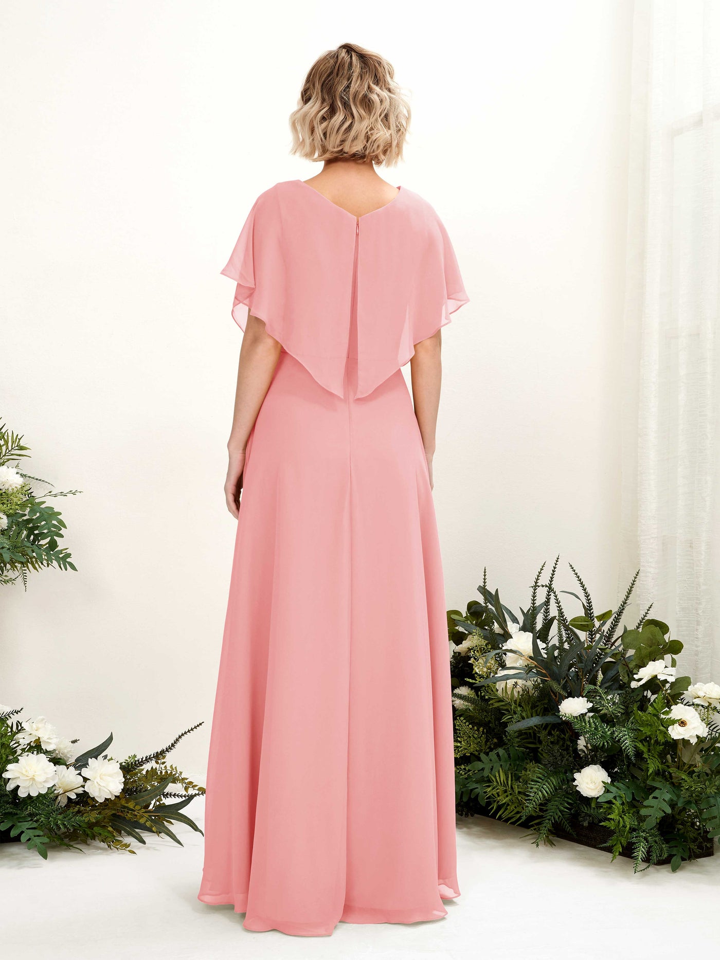 A-line V-neck Short Sleeves Chiffon Bridesmaid Dress - Ballet Pink (81222140)#color_ballet-pink