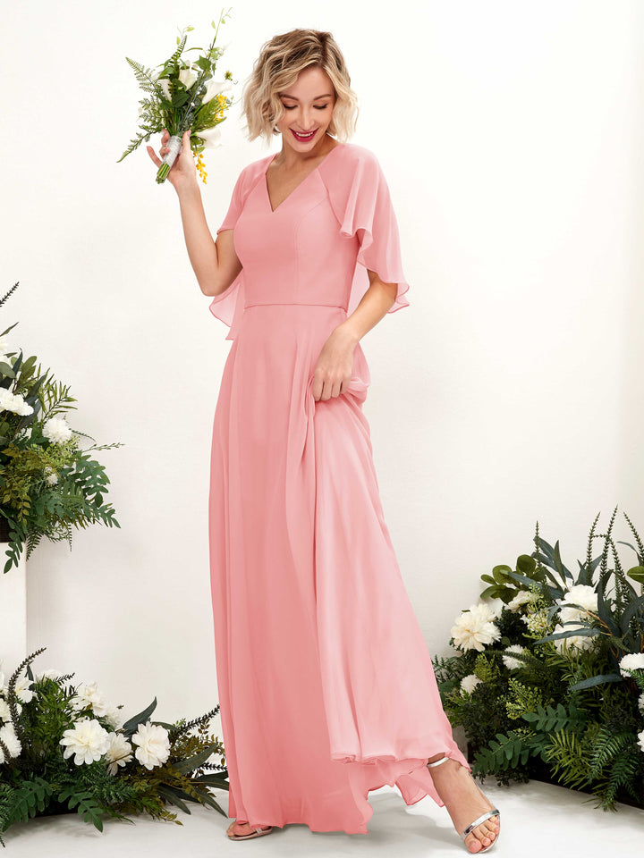 A-line V-neck Short Sleeves Chiffon Bridesmaid Dress - Ballet Pink (81224440)