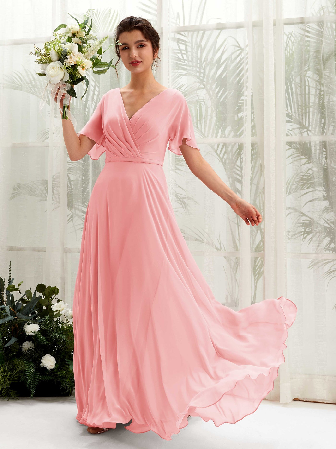 A-line V-neck Short Sleeves Chiffon Bridesmaid Dress - Ballet Pink (81224640)#color_ballet-pink