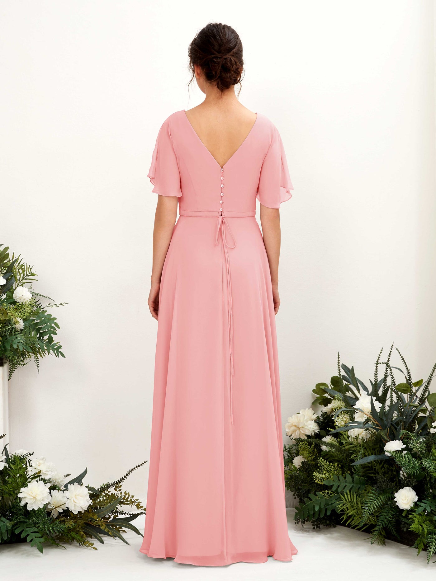 A-line V-neck Short Sleeves Chiffon Bridesmaid Dress - Ballet Pink (81224640)#color_ballet-pink