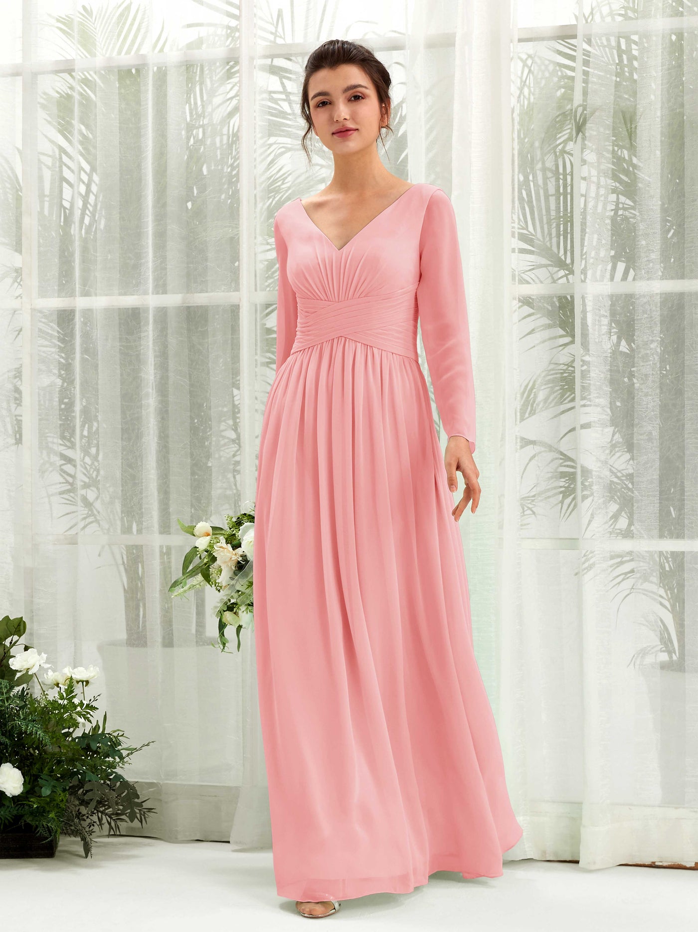 Ball Gown V-neck Long Sleeves Chiffon Bridesmaid Dress - Ballet Pink (81220340)#color_ballet-pink