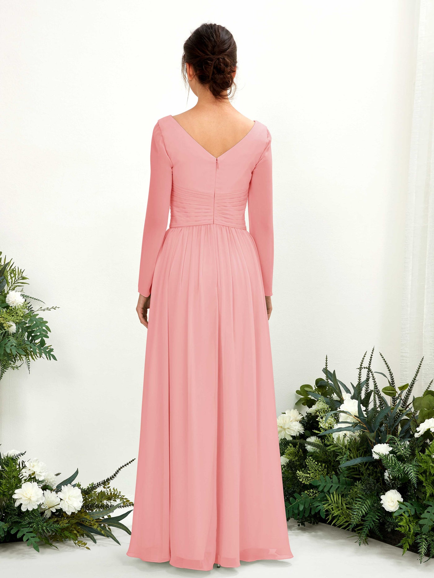 Ball Gown V-neck Long Sleeves Chiffon Bridesmaid Dress - Ballet Pink (81220340)#color_ballet-pink