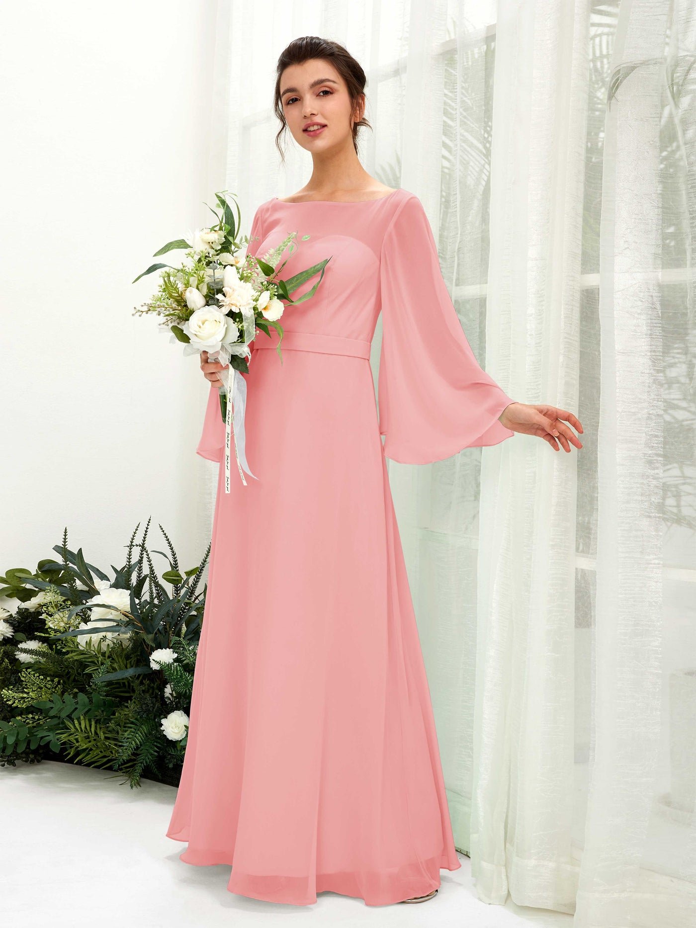 Bateau Illusion Long Sleeves Chiffon Bridesmaid Dress - Ballet Pink (81220540)#color_ballet-pink
