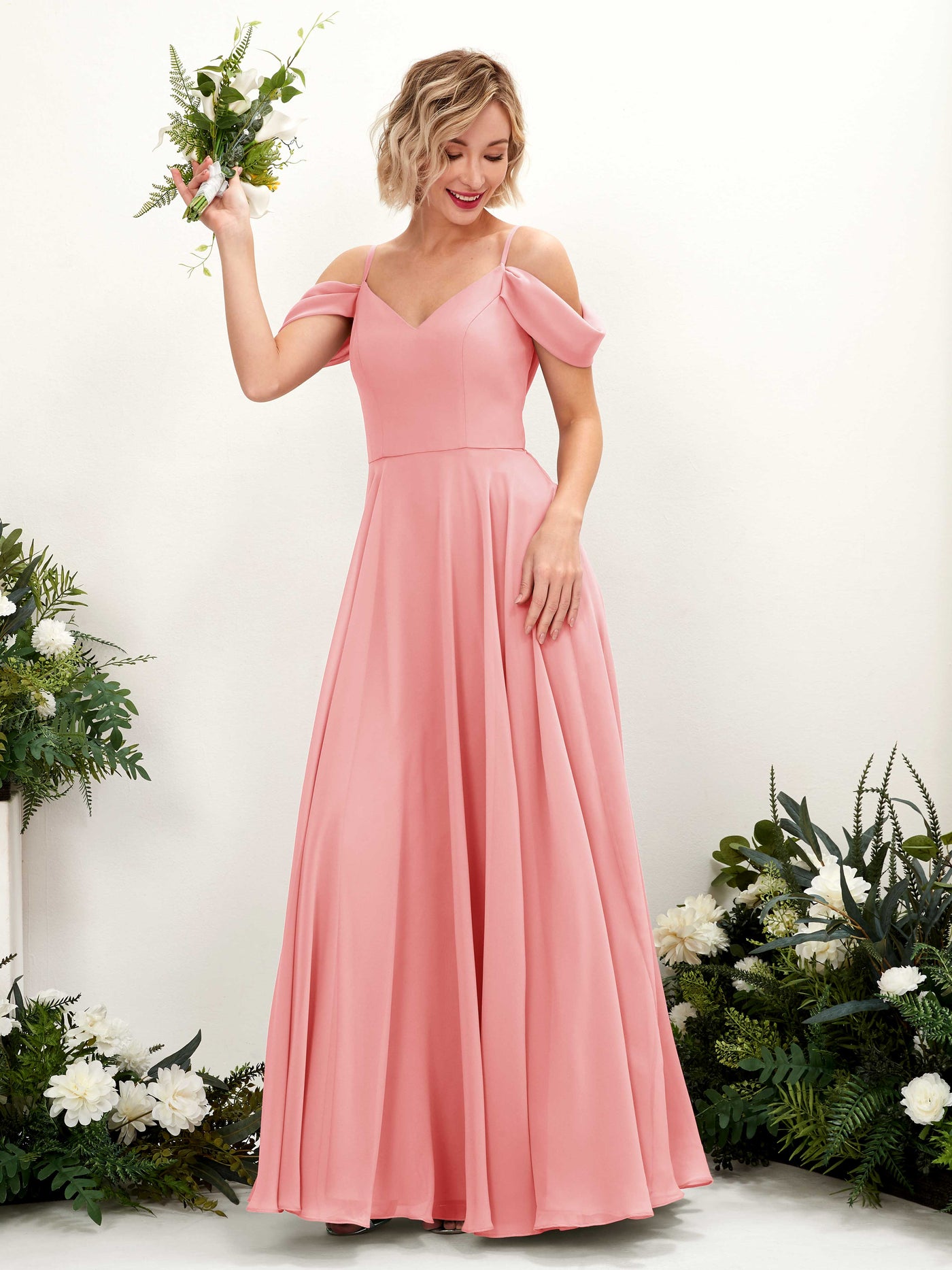 Off Shoulder Straps V-neck Sleeveless Chiffon Bridesmaid Dress - Ballet Pink (81224940)#color_ballet-pink