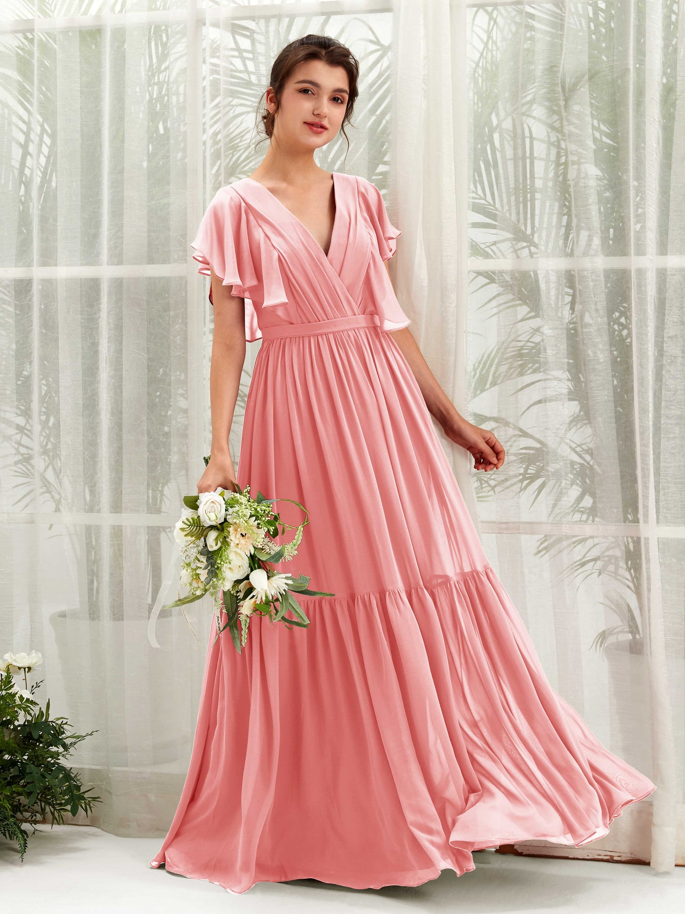 V-neck Cap Sleeves Chiffon Bridesmaid Dress - Ballet Pink (81225940)#color_ballet-pink
