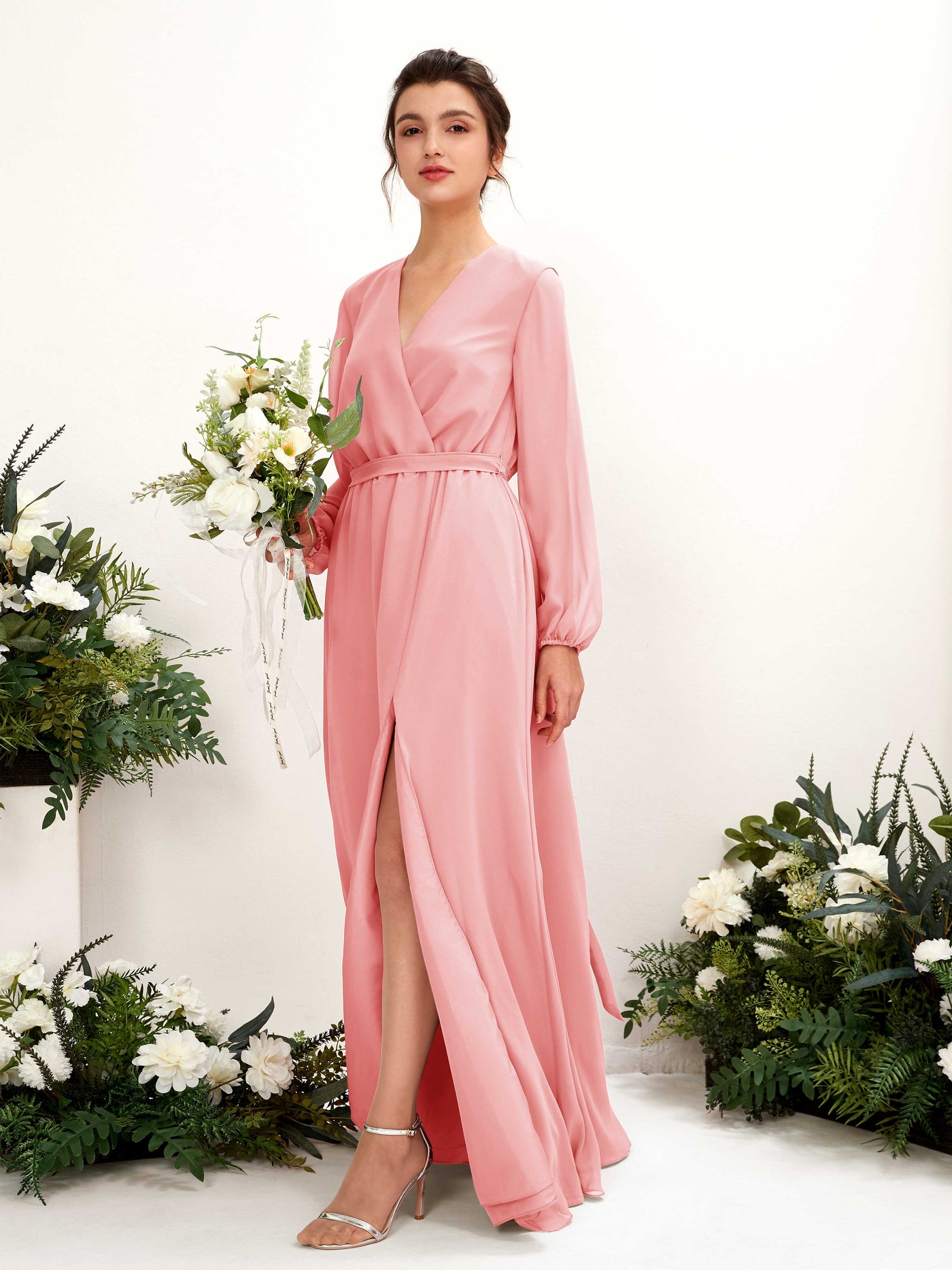 V-neck Long Sleeves Chiffon Bridesmaid Dress - Ballet Pink (81223240)#color_ballet-pink