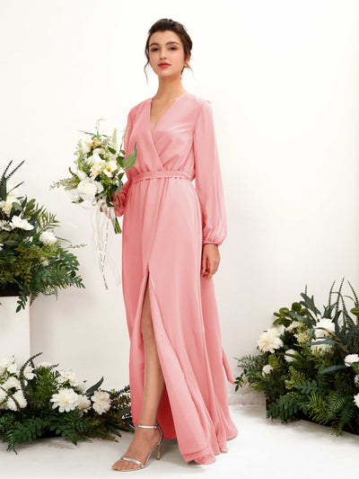 Carlyna Elsie A-Line Ballet Pink Bridesmaid Dress Maxi Long Sleeve V-Neck Front View #color_ballet-pink