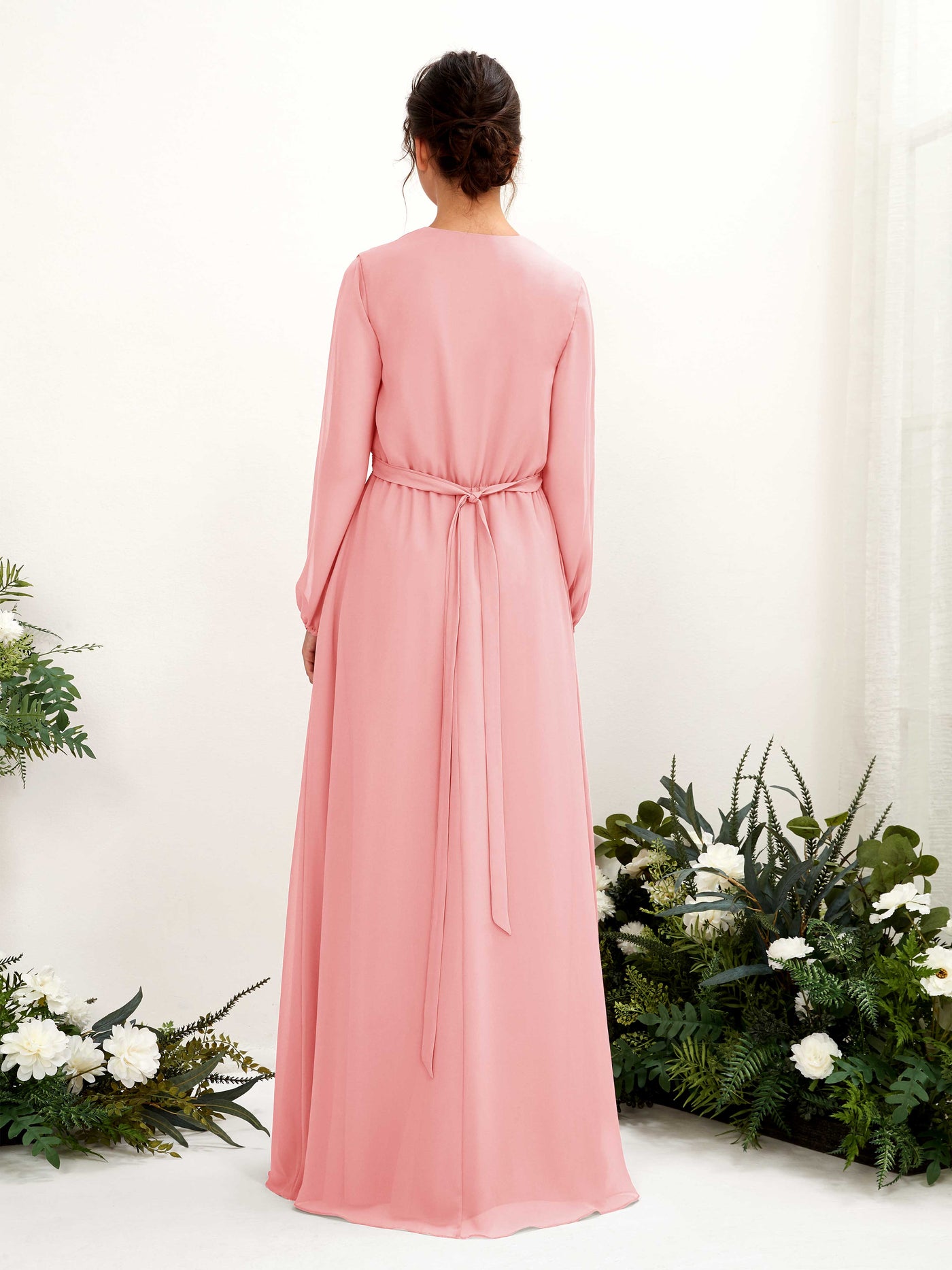 V-neck Long Sleeves Chiffon Bridesmaid Dress - Ballet Pink (81223240)#color_ballet-pink