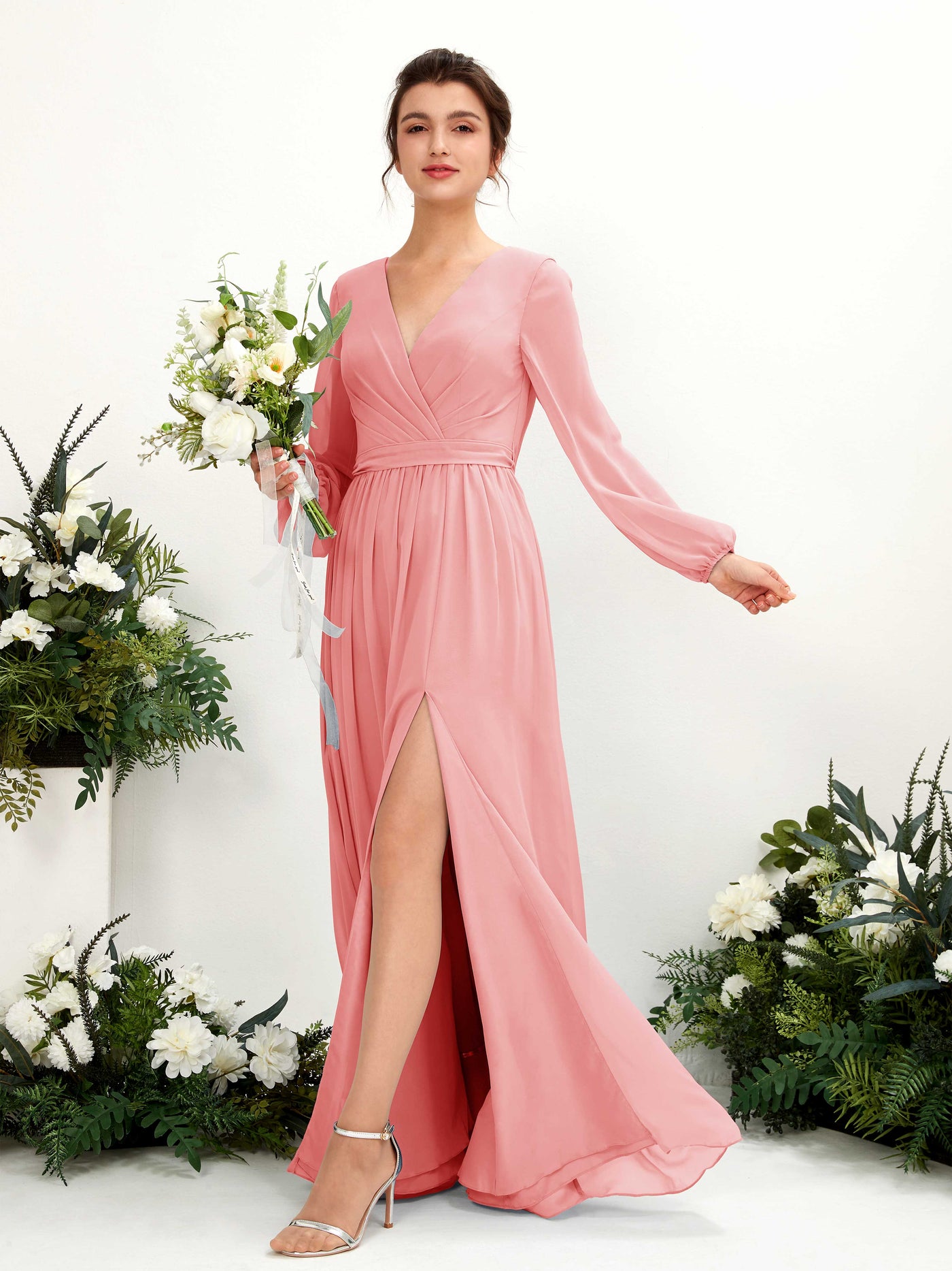 V-neck Long Sleeves Chiffon Bridesmaid Dress - Ballet Pink (81223840)#color_ballet-pink