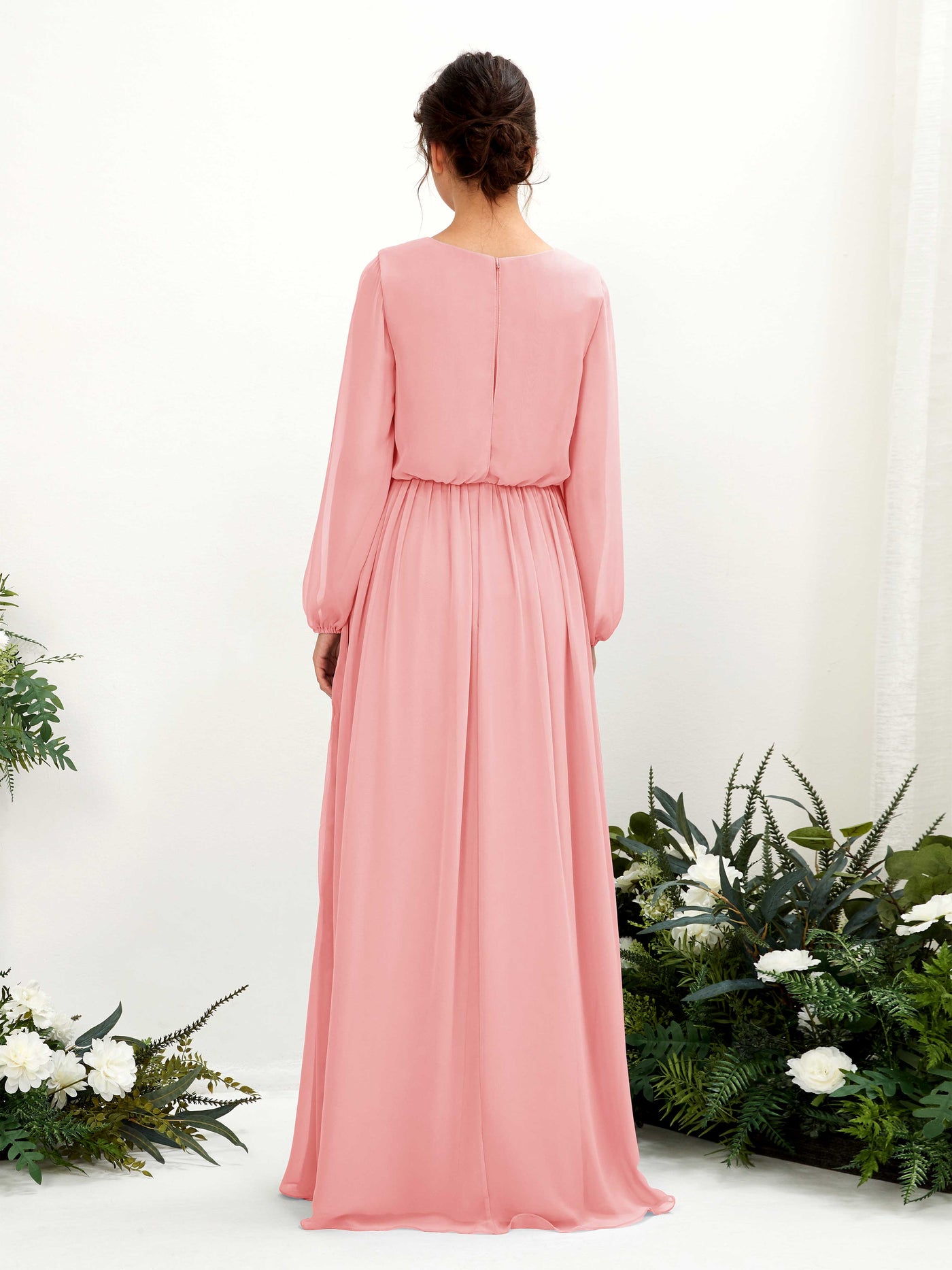 V-neck Long Sleeves Chiffon Bridesmaid Dress - Ballet Pink (81223840)#color_ballet-pink