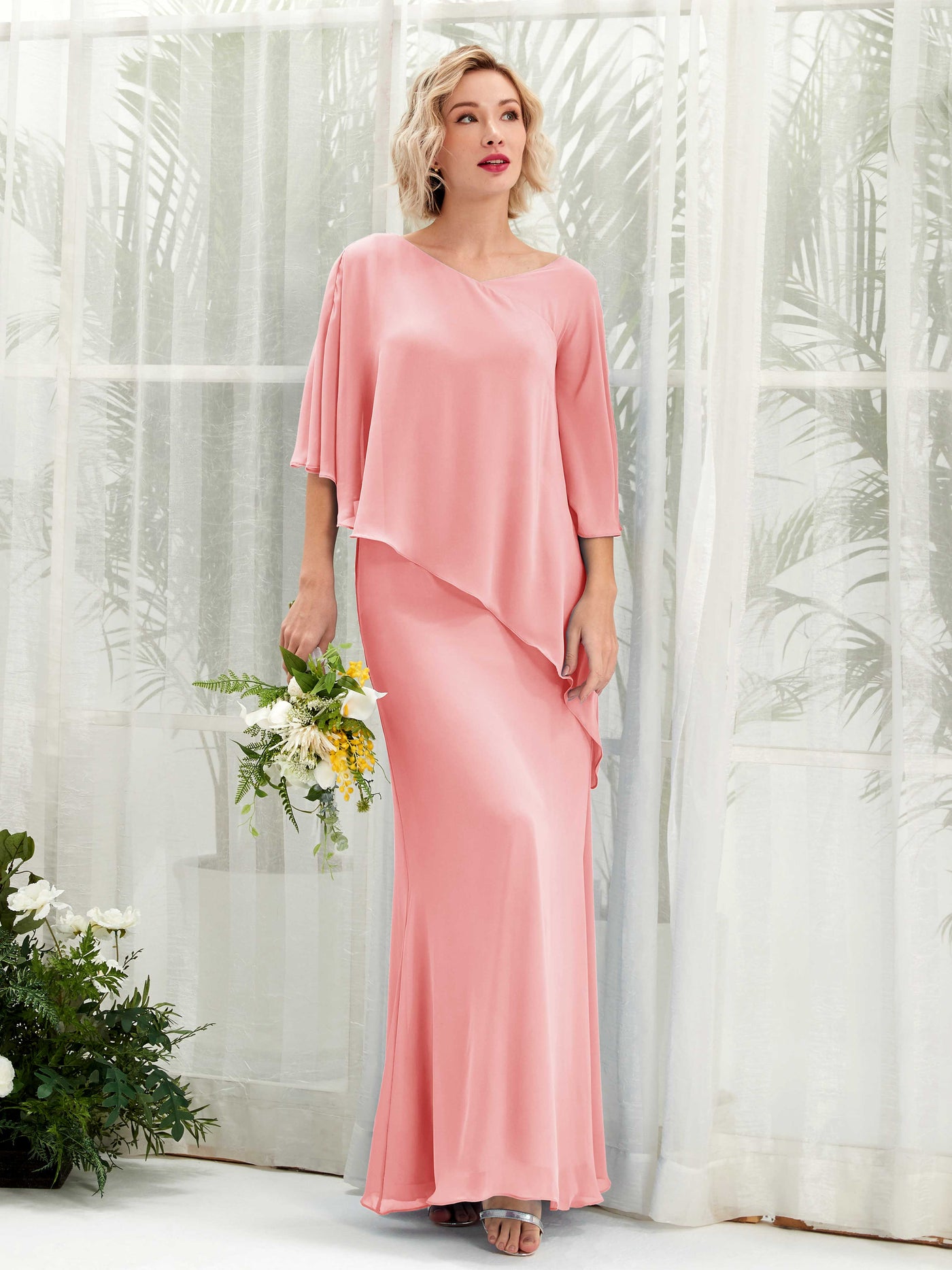 V-neck 3/4 Sleeves Chiffon Bridesmaid Dress - Ballet Pink (81222540)#color_ballet-pink