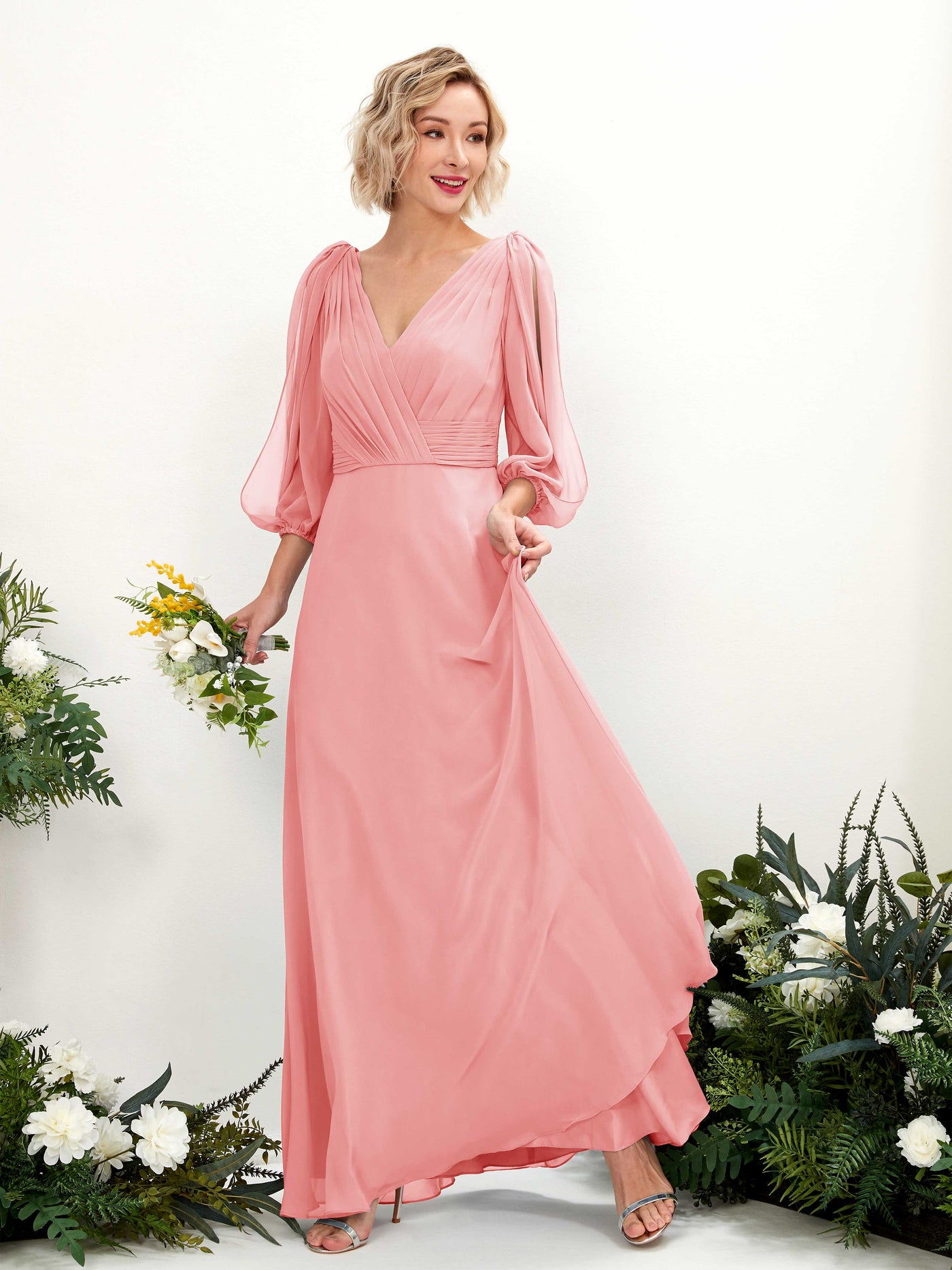 V-neck 3/4 Sleeves Chiffon Bridesmaid Dress - Ballet Pink (81223540)#color_ballet-pink