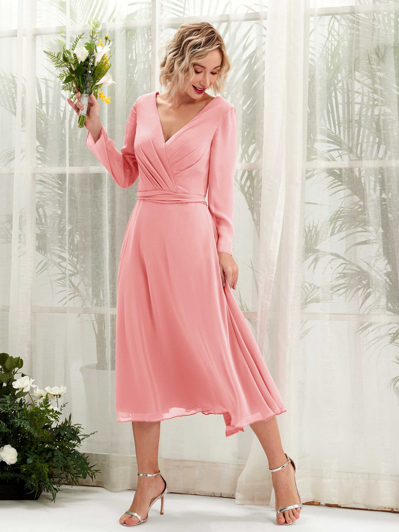 V-neck Long Sleeves Chiffon Bridesmaid Dress - Ballet Pink (81223340)#color_ballet-pink