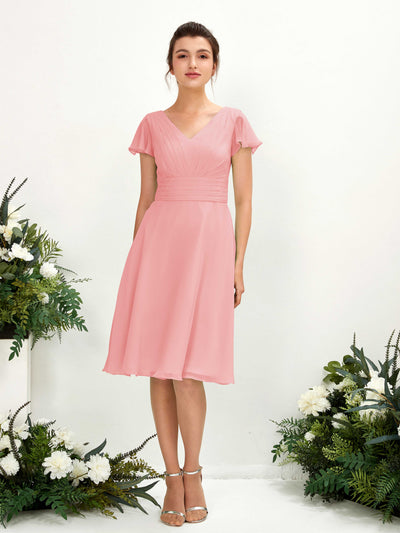 Carlyna Betty A-Line Ballet Pink Bridesmaid Dress Knee-Length Short Sleeve V-Neck Dress Front View #color_ballet-pink