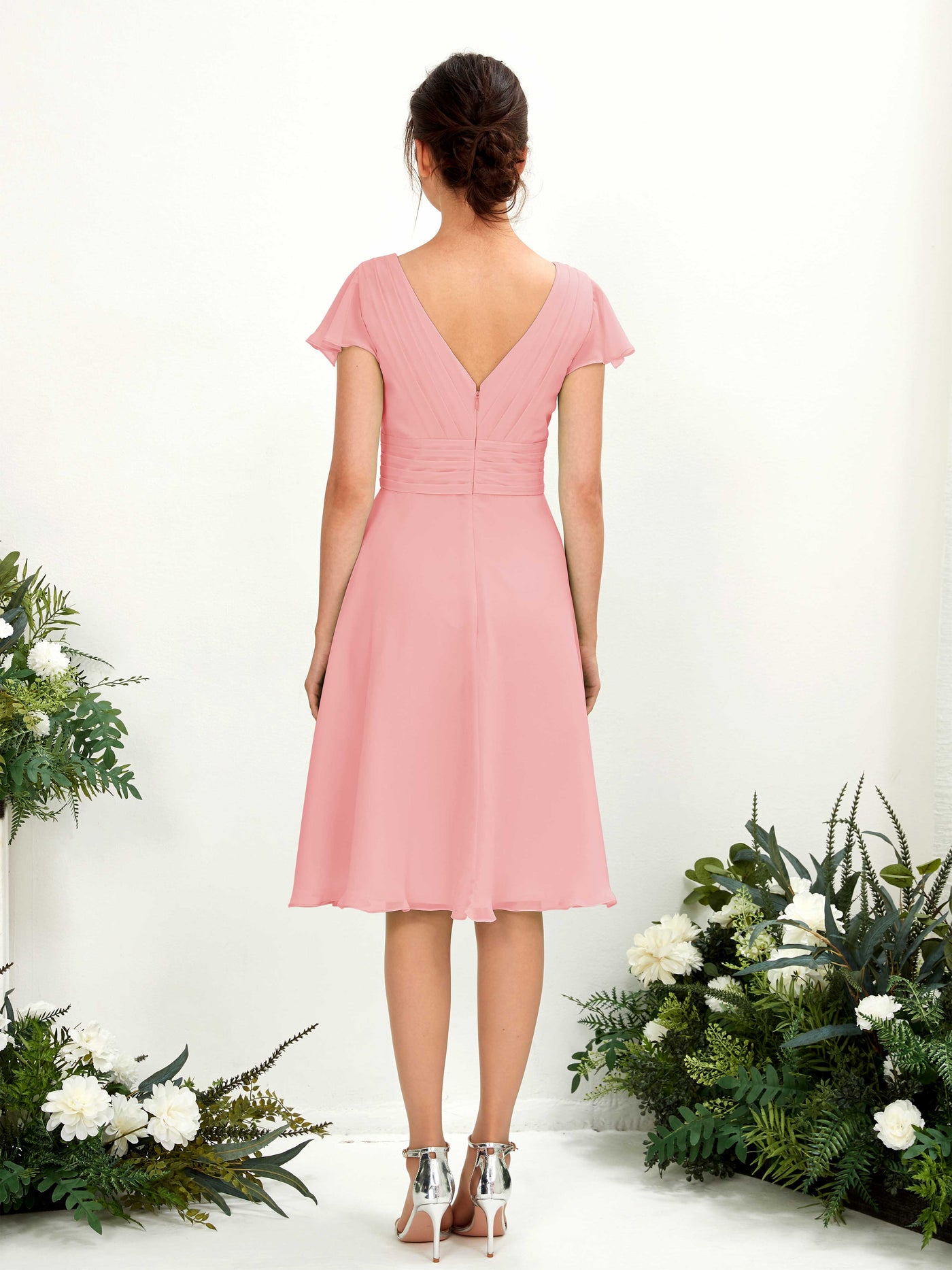 V-neck Short Sleeves Chiffon Bridesmaid Dress - Ballet Pink (81220240)#color_ballet-pink