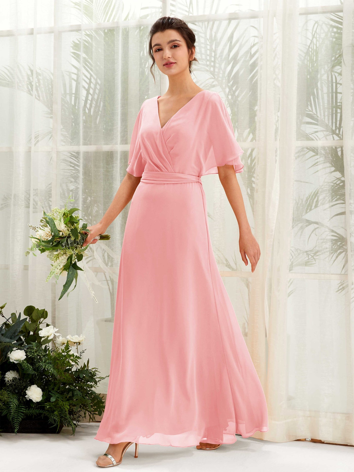 V-neck Short Sleeves Chiffon Bridesmaid Dress - Ballet Pink (81222440)#color_ballet-pink