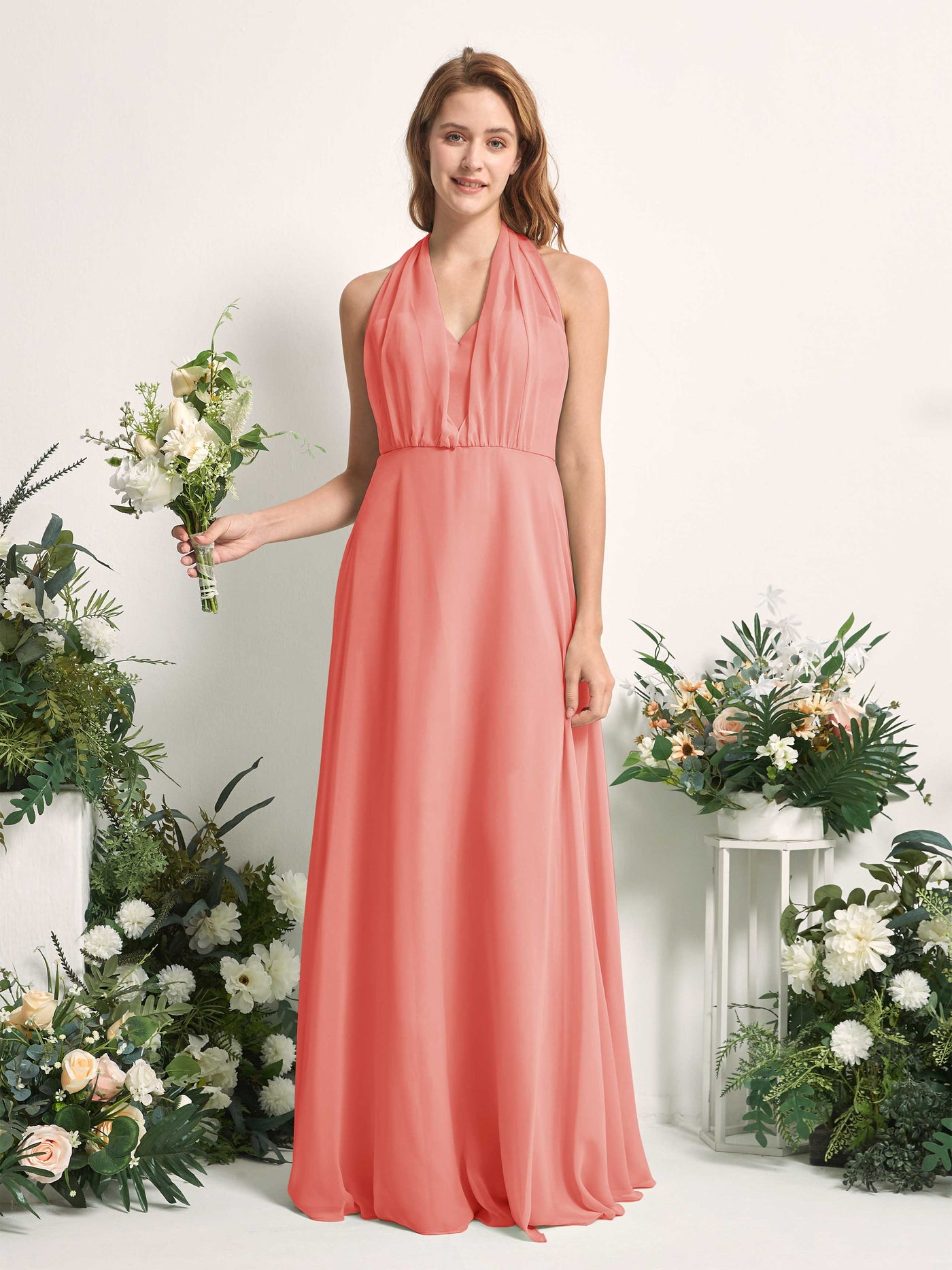 Bridesmaid Dress A-line Chiffon Halter Full Length Short Sleeves Wedding Party Dress - Peach Pink (81226329)#color_peach-pink
