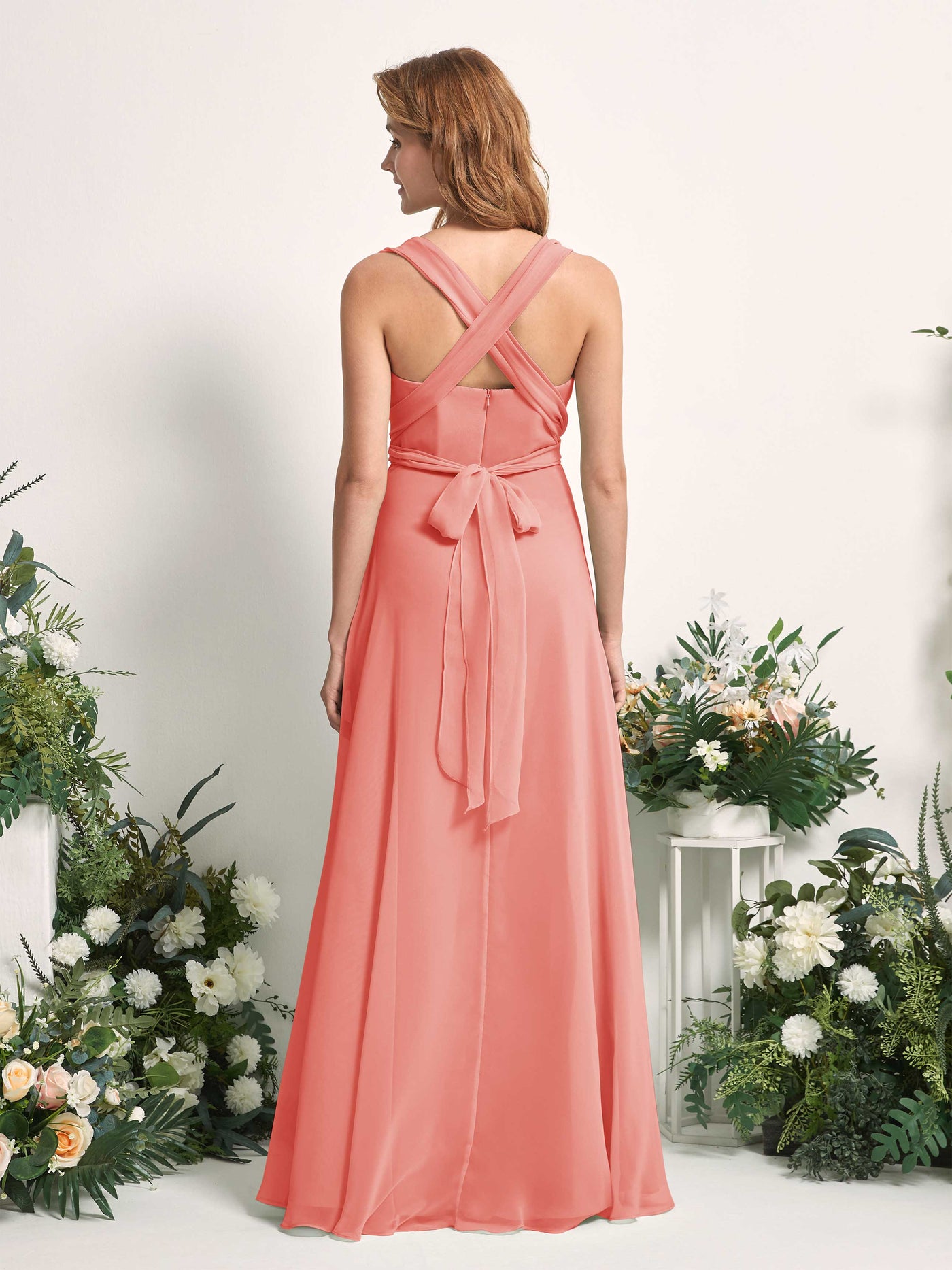 Bridesmaid Dress A-line Chiffon Halter Full Length Short Sleeves Wedding Party Dress - Peach Pink (81226329)#color_peach-pink
