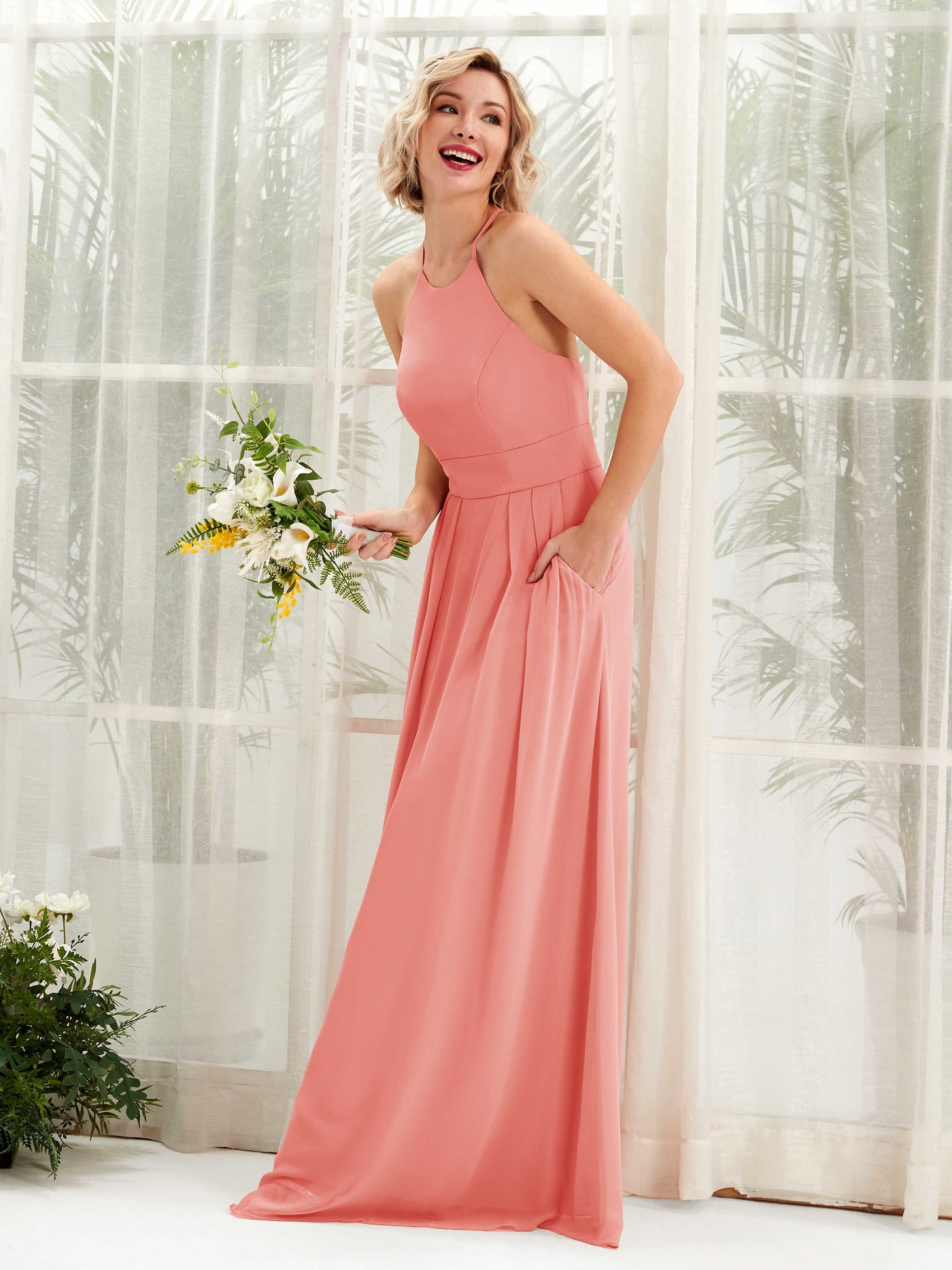 A-line Ball Gown Halter Spaghetti-straps Sleeveless Bridesmaid Dress - Peach Pink (81225229)#color_peach-pink