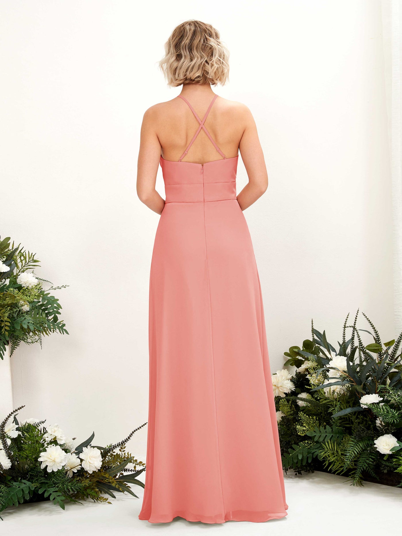 A-line Ball Gown Halter Spaghetti-straps Sleeveless Bridesmaid Dress - Peach Pink (81225229)#color_peach-pink