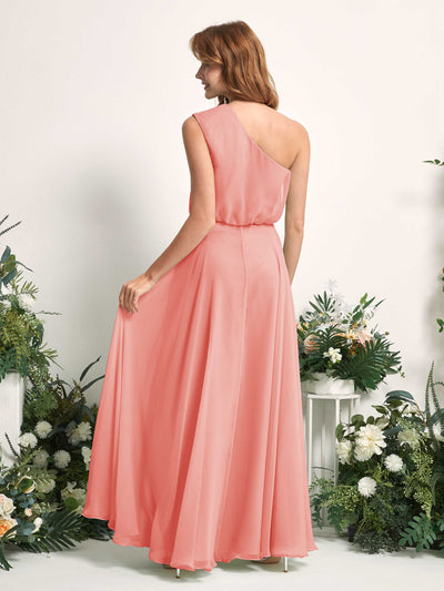 Carlyna Cecily A-Line Peach Pink Bridesmaid Dress Maxi Sleeveless One Shoulder Dress Back View #color_peach-pink