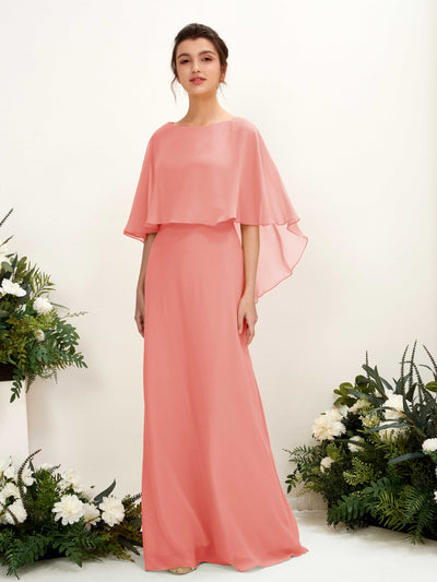 Carlyna Savin Sheath Peach Pink Bridesmaid Dress Maxi Cap Sleeve Boat Neck Dress #color_peach-pink