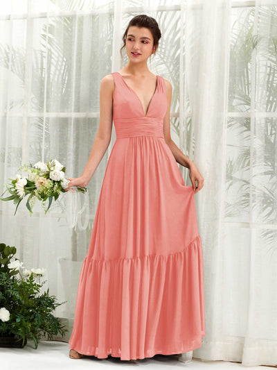 Carlyna Alissa A-Line Peach Pink Bridesmaid Dress Maxi Sleeveless V-Neck Dress Front View #color_peach-pink
