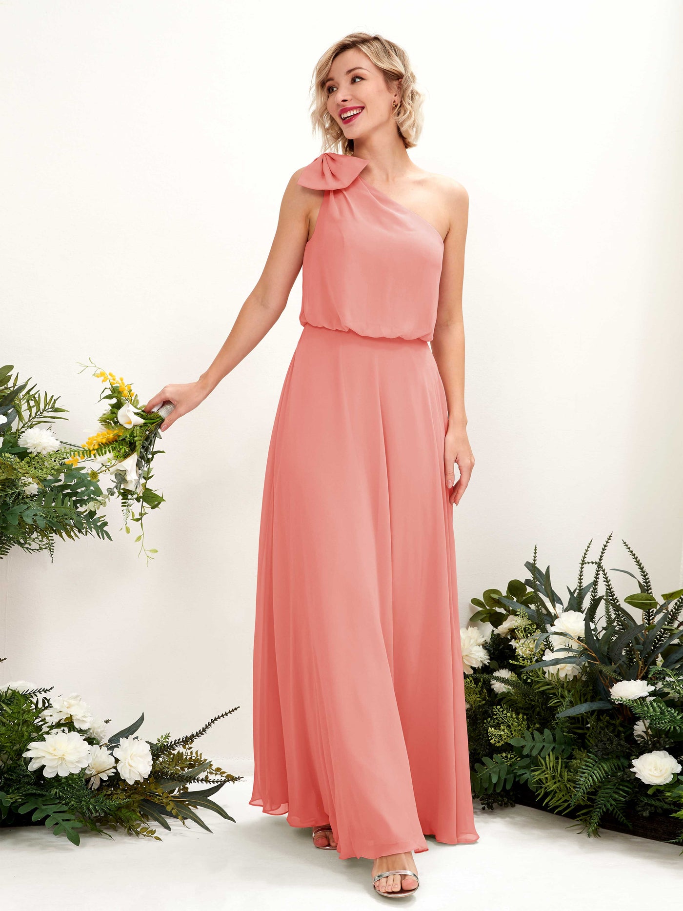 A-line One Shoulder Sleeveless Chiffon Bridesmaid Dress - Peach Pink (81225529)#color_peach-pink