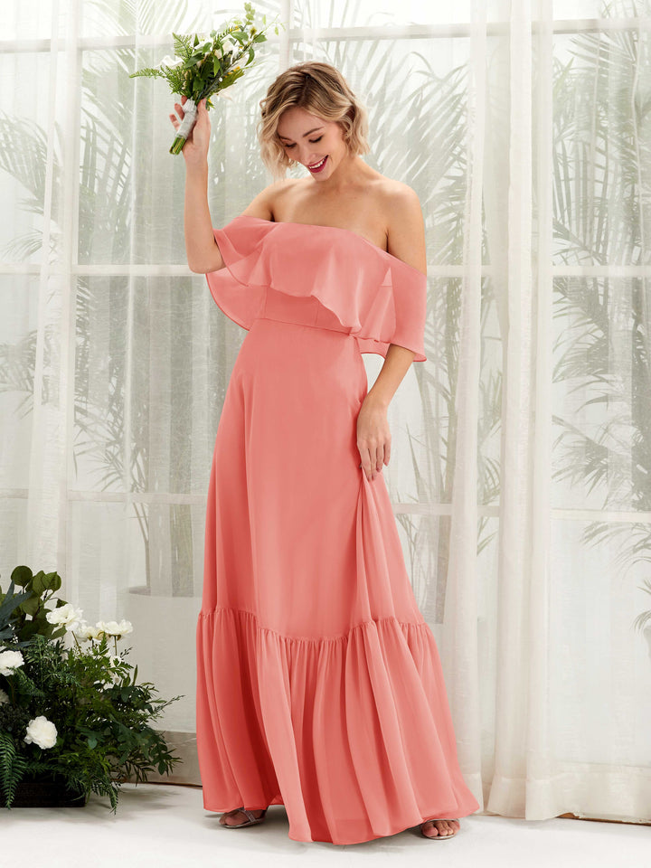 A-line Off Shoulder Chiffon Bridesmaid Dress - Peach Pink (81224529)